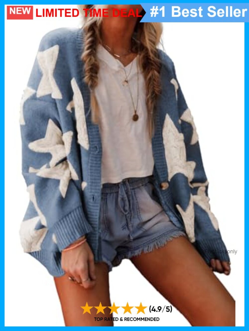 Star Sherpa Knit Open Front Cardigan Loose Fit Long Sleeve Women's Sweater